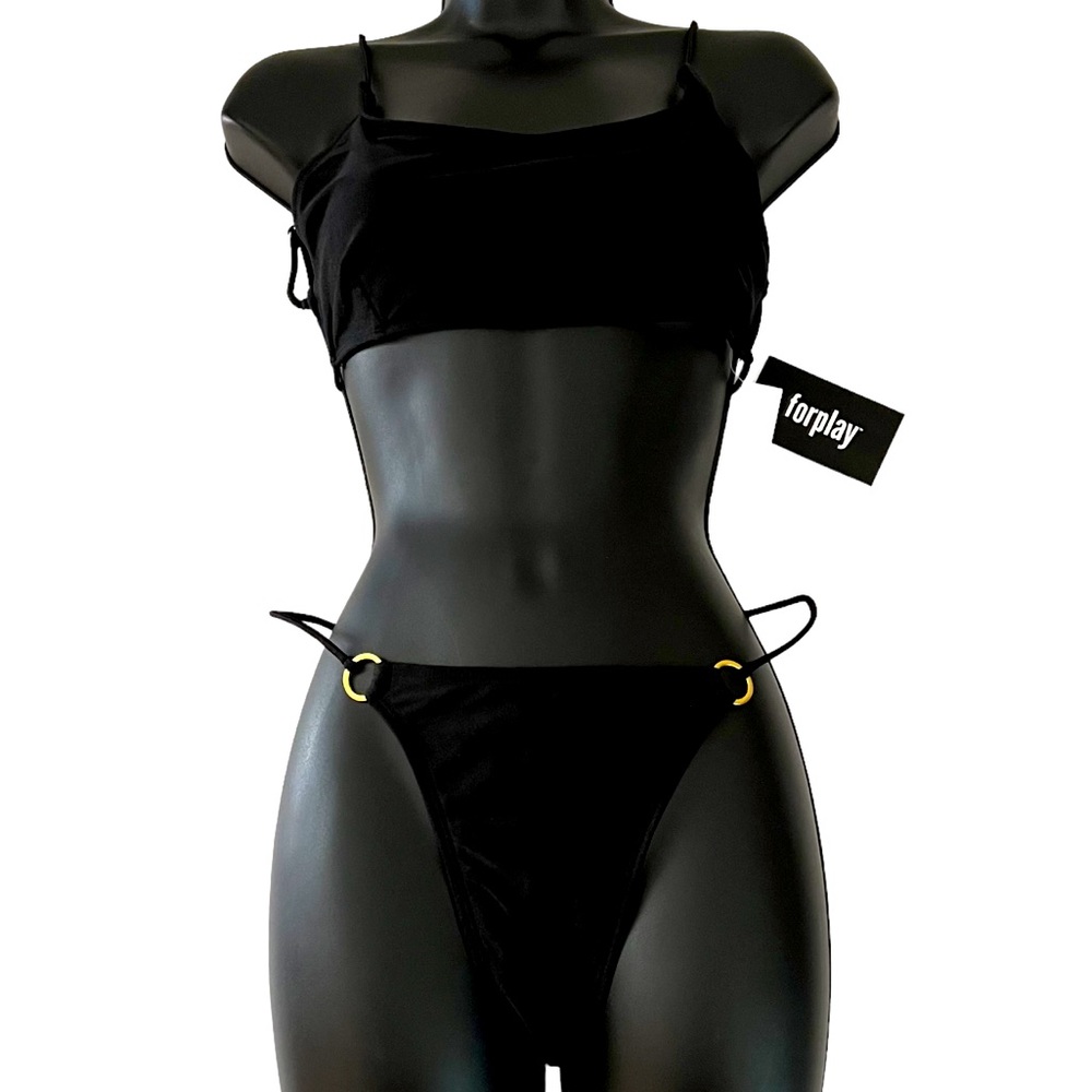Forplay - Black Bathing suit top (NWT) and bottom (EUC) w/ gold ring - Large